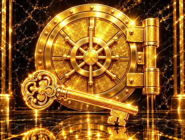 Lucky365 login vault door with an ornate key on black marble