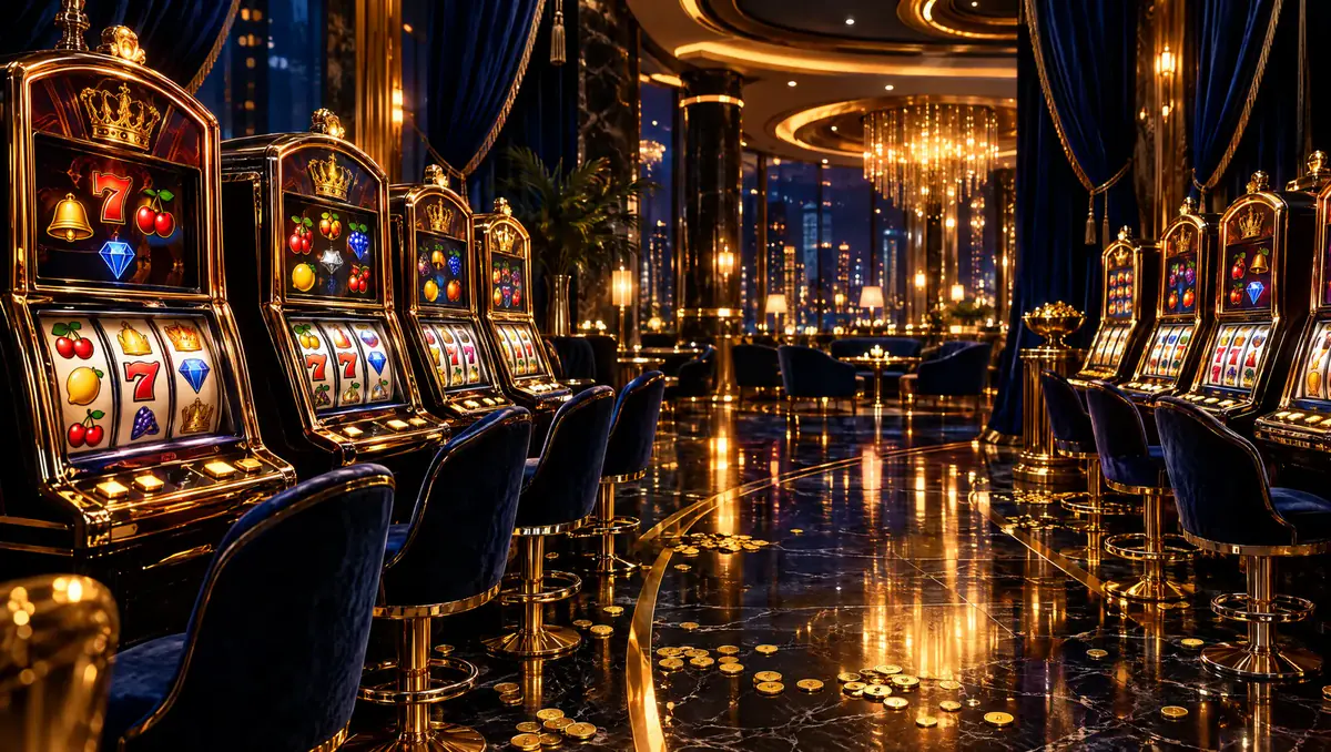Lucky365 casino floor with gold-trimmed slot machines and a city night view